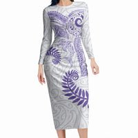 Aotearoa Maori Sea Animals Tribal Long Sleeve Bodycon Dress Manta Ray and Shark Moko Pattern Purple Color LT03 Long Dress Purple - Polynesian Pride