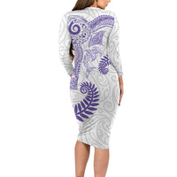 Aotearoa Maori Sea Animals Tribal Long Sleeve Bodycon Dress Manta Ray and Shark Moko Pattern Purple Color LT03 - Polynesian Pride