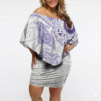 Aotearoa Maori Sea Animals Tribal Off Shoulder Short Dress Manta Ray and Shark Moko Pattern Purple Color LT03 Women Purple - Polynesian Pride