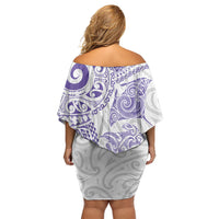 Aotearoa Maori Sea Animals Tribal Off Shoulder Short Dress Manta Ray and Shark Moko Pattern Purple Color LT03 - Polynesian Pride