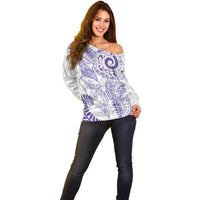 Aotearoa Maori Sea Animals Tribal Off Shoulder Sweater Manta Ray and Shark Moko Pattern Purple Color