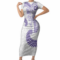Aotearoa Maori Sea Animals Tribal Short Sleeve Bodycon Dress Manta Ray and Shark Moko Pattern Purple Color LT03 Long Dress Purple - Polynesian Pride
