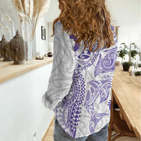 Aotearoa Maori Sea Animals Tribal Women Casual Shirt Manta Ray and Shark Moko Pattern Purple Color LT03 - Polynesian Pride