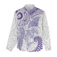 Aotearoa Maori Sea Animals Tribal Women Casual Shirt Manta Ray and Shark Moko Pattern Purple Color LT03 - Polynesian Pride