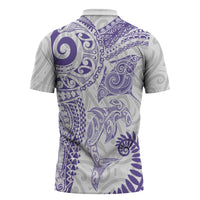 Aotearoa Maori Sea Animals Tribal Zipper Polo Shirt Manta Ray and Shark Moko Pattern Purple Color LT03 - Polynesian Pride