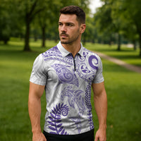 Aotearoa Maori Sea Animals Tribal Zipper Polo Shirt Manta Ray and Shark Moko Pattern Purple Color LT03 - Polynesian Pride
