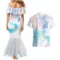 Aotearoa Maori Sea Animals Tribal Couples Matching Mermaid Dress and Hawaiian Shirt Manta Ray and Shark Moko Pattern Sweet Pastel LT03 - Polynesian Pride