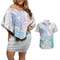 Aotearoa Maori Sea Animals Tribal Couples Matching Off Shoulder Short Dress and Hawaiian Shirt Manta Ray and Shark Moko Pattern Sweet Pastel LT03 Multicolor - Polynesian Pride