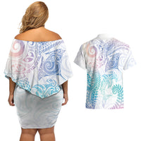 Aotearoa Maori Sea Animals Tribal Couples Matching Off Shoulder Short Dress and Hawaiian Shirt Manta Ray and Shark Moko Pattern Sweet Pastel LT03 - Polynesian Pride