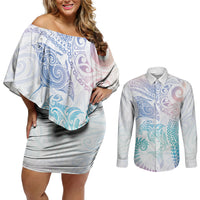 Aotearoa Maori Sea Animals Tribal Couples Matching Off Shoulder Short Dress and Long Sleeve Button Shirt Manta Ray and Shark Moko Pattern Sweet Pastel LT03 Multicolor - Polynesian Pride