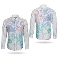 Aotearoa Maori Sea Animals Tribal Couples Matching Off Shoulder Short Dress and Long Sleeve Button Shirt Manta Ray and Shark Moko Pattern Sweet Pastel LT03 - Polynesian Pride