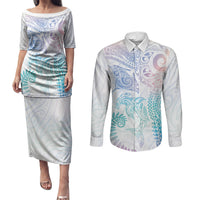 Aotearoa Maori Sea Animals Tribal Couples Matching Puletasi and Long Sleeve Button Shirt Manta Ray and Shark Moko Pattern Sweet Pastel LT03 Multicolor - Polynesian Pride