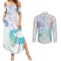 Aotearoa Maori Sea Animals Tribal Couples Matching Summer Maxi Dress and Long Sleeve Button Shirt Manta Ray and Shark Moko Pattern Sweet Pastel LT03 Multicolor - Polynesian Pride