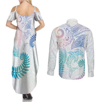 Aotearoa Maori Sea Animals Tribal Couples Matching Summer Maxi Dress and Long Sleeve Button Shirt Manta Ray and Shark Moko Pattern Sweet Pastel LT03 - Polynesian Pride