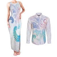 Aotearoa Maori Sea Animals Tribal Couples Matching Tank Maxi Dress and Long Sleeve Button Shirt Manta Ray and Shark Moko Pattern Sweet Pastel LT03 Multicolor - Polynesian Pride