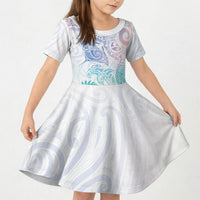 Aotearoa Maori Sea Animals Tribal Kid Short Sleeve Dress Manta Ray and Shark Moko Pattern Sweet Pastel LT03 KID Multicolor - Polynesian Pride