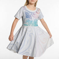 Aotearoa Maori Sea Animals Tribal Kid Short Sleeve Dress Manta Ray and Shark Moko Pattern Sweet Pastel LT03 - Polynesian Pride