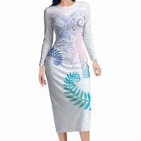 Aotearoa Maori Sea Animals Tribal Long Sleeve Bodycon Dress Manta Ray and Shark Moko Pattern Sweet Pastel LT03 Long Dress Multicolor - Polynesian Pride