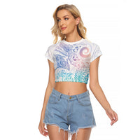 Aotearoa Maori Sea Animals Tribal Raglan Cropped T Shirt Manta Ray and Shark Moko Pattern Sweet Pastel