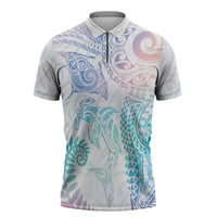 Aotearoa Maori Sea Animals Tribal Zipper Polo Shirt Manta Ray and Shark Moko Pattern Sweet Pastel LT03 Multicolor - Polynesian Pride