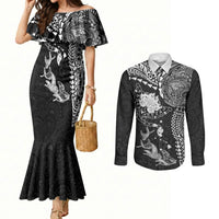 Hawaiian Manta Ray Tribal Couples Matching Mermaid Dress and Long Sleeve Button Shirt Polynesian Art Motifs Black Color LT03 Black - Polynesian Pride