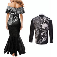 Hawaiian Manta Ray Tribal Couples Matching Mermaid Dress and Long Sleeve Button Shirt Polynesian Art Motifs Black Color LT03 - Polynesian Pride