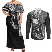 Hawaiian Manta Ray Tribal Couples Matching Off Shoulder Maxi Dress and Long Sleeve Button Shirt Polynesian Art Motifs Black Color LT03 Black - Polynesian Pride