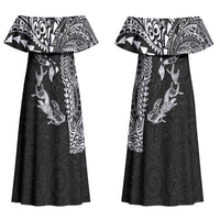 Hawaiian Manta Ray Tribal Couples Matching Off Shoulder Maxi Dress and Long Sleeve Button Shirt Polynesian Art Motifs Black Color LT03 - Polynesian Pride
