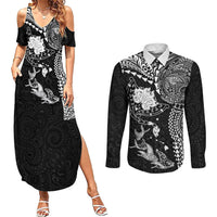 Hawaiian Manta Ray Tribal Couples Matching Summer Maxi Dress and Long Sleeve Button Shirt Polynesian Art Motifs Black Color LT03 Black - Polynesian Pride