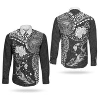 Hawaiian Manta Ray Tribal Couples Matching Summer Maxi Dress and Long Sleeve Button Shirt Polynesian Art Motifs Black Color LT03 - Polynesian Pride