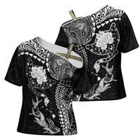 Hawaiian Manta Ray Tribal Cross Shoulder Shirt Polynesian Art Motifs Black Color