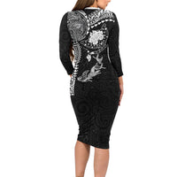 Hawaiian Manta Ray Tribal Family Matching Long Sleeve Bodycon Dress and Hawaiian Shirt Polynesian Art Motifs Black Color LT03 - Polynesian Pride
