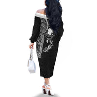 Hawaiian Manta Ray Tribal Family Matching Off The Shoulder Long Sleeve Dress and Hawaiian Shirt Polynesian Art Motifs Black Color LT03 - Polynesian Pride
