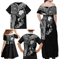 Hawaiian Manta Ray Tribal Family Matching Off Shoulder Maxi Dress and Hawaiian Shirt Polynesian Art Motifs Black Color LT03 - Polynesian Pride