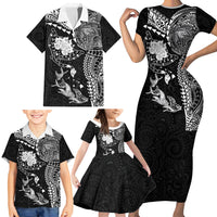 Hawaiian Manta Ray Tribal Family Matching Short Sleeve Bodycon Dress and Hawaiian Shirt Polynesian Art Motifs Black Color LT03 - Polynesian Pride