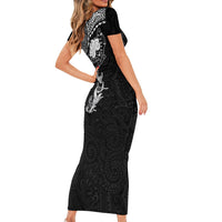 Hawaiian Manta Ray Tribal Family Matching Short Sleeve Bodycon Dress and Hawaiian Shirt Polynesian Art Motifs Black Color LT03 - Polynesian Pride