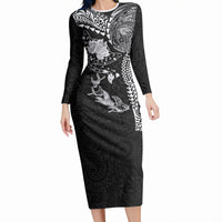 Hawaiian Manta Ray Tribal Long Sleeve Bodycon Dress Polynesian Art Motifs Black Color LT03 Long Dress Black - Polynesian Pride