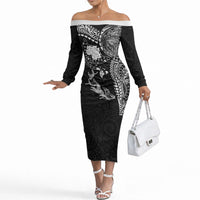 Hawaiian Manta Ray Tribal Off The Shoulder Long Sleeve Dress Polynesian Art Motifs Black Color LT03 Women Black - Polynesian Pride