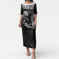 Hawaiian Manta Ray Tribal Puletasi Polynesian Art Motifs Black Color LT03 Long Dress Black - Polynesian Pride