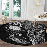 Hawaiian Manta Ray Tribal Round Carpet Polynesian Art Motifs Black Color