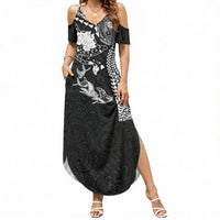 Hawaiian Manta Ray Tribal Summer Maxi Dress Polynesian Art Motifs Black Color LT03 Women Black - Polynesian Pride