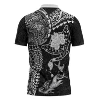 Hawaiian Manta Ray Tribal Zipper Polo Shirt Polynesian Art Motifs Black Color LT03 - Polynesian Pride