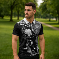 Hawaiian Manta Ray Tribal Zipper Polo Shirt Polynesian Art Motifs Black Color LT03 - Polynesian Pride