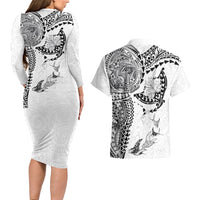 Hawaiian Manta Ray Tribal Couples Matching Long Sleeve Bodycon Dress and Hawaiian Shirt Polynesian Art Motifs White Color LT03 - Polynesian Pride