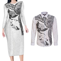 Hawaiian Manta Ray Tribal Couples Matching Long Sleeve Bodycon Dress and Long Sleeve Button Shirt Polynesian Art Motifs White Color LT03 White - Polynesian Pride