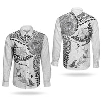 Hawaiian Manta Ray Tribal Couples Matching Long Sleeve Bodycon Dress and Long Sleeve Button Shirt Polynesian Art Motifs White Color LT03 - Polynesian Pride