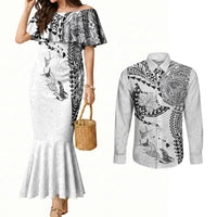 Hawaiian Manta Ray Tribal Couples Matching Mermaid Dress and Long Sleeve Button Shirt Polynesian Art Motifs White Color LT03 White - Polynesian Pride