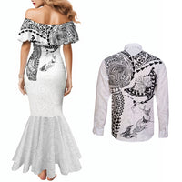 Hawaiian Manta Ray Tribal Couples Matching Mermaid Dress and Long Sleeve Button Shirt Polynesian Art Motifs White Color LT03 - Polynesian Pride