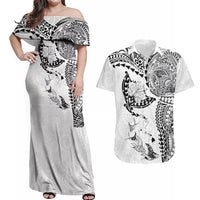 Hawaiian Manta Ray Tribal Couples Matching Off Shoulder Maxi Dress and Hawaiian Shirt Polynesian Art Motifs White Color LT03 White - Polynesian Pride