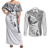 Hawaiian Manta Ray Tribal Couples Matching Off Shoulder Maxi Dress and Long Sleeve Button Shirt Polynesian Art Motifs White Color LT03 White - Polynesian Pride
